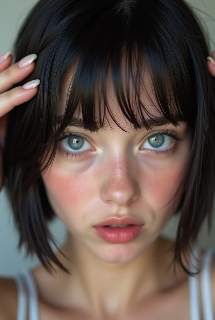 Detailed and realistic portrait of a woman with some freckles, round eyes and messy short hair, wearing a white t-shirt, staring at the camera, chapped lips, soft natural light, portrait photography, magical photography, dramatic lighting, photorealism, ultra-detailed, intimate portrait composition, Leica 50mm, f1. 4 pcs