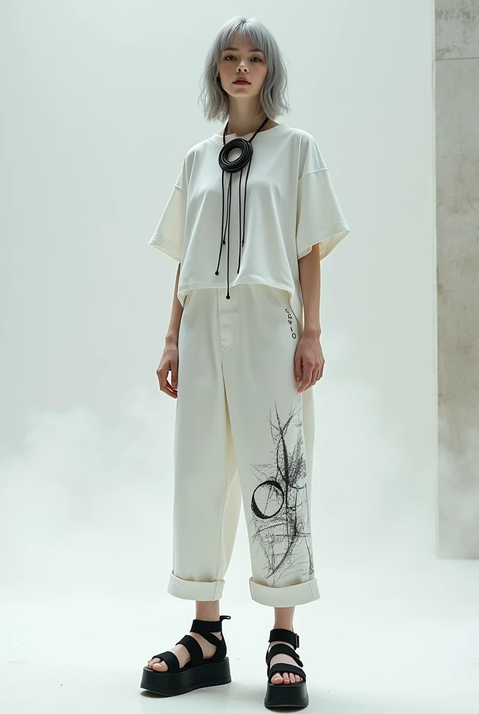 (nsfw:1.2), (masterpiece, Best Quality:1.4), digital art, Generate an image of a modern and avant-garde fashion outfit. The outfit consists of a single piece that combines a loose, straight-line top and drop-crotch pants. The entire outfit is predominantly white. The top features a simple crew neckline and falls straight down from the shoulders to the ankles, creating a flowing silhouette. The pants have a distinctive drop-crotch design, with the crotch area hanging low and the legs gradually tapering down to a more fitted shape. On the right leg, there is an abstract, hand-drawn-style pattern or sketch that adds a unique artistic touch. Around the neck, the model is wearing a long, black necklace with a large central ring and multiple thin straps hanging down, creating a strong visual contrast against the white outfit. The footwear is black platform sandals with a simple yet bold design that complements the overall modern and edgy look of the outfit. The jp model is posed against a plain background, with a relaxed and confident stance, highlighting the unique silhouette and details of the outfit, hyper small head and face, wide Duck mouth, half open mouth, perfectly aligned teeth, perfect beautiful teeth, half open eyes, shiny Droopy eyes, gray hair, looking other, She is situated within the interior of a futuristic colony, with mist drifting and steam rising from concrete
