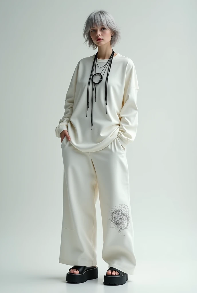 (nsfw:1.2), (masterpiece, Best Quality:1.4), digital art, Generate an image of a modern and avant-garde fashion outfit. The outfit consists of a single piece that combines a loose, straight-line top and drop-crotch pants. The entire outfit is predominantly white. The top features a simple crew neckline and falls straight down from the shoulders to the ankles, creating a flowing silhouette. The pants have a distinctive drop-crotch design, with the crotch area hanging low and the legs gradually tapering down to a more fitted shape. On the right leg, there is an abstract, hand-drawn-style pattern or sketch that adds a unique artistic touch. Around the neck, the model is wearing a long, black necklace with a large central ring and multiple thin straps hanging down, creating a strong visual contrast against the white outfit. The footwear is black platform sandals with a simple yet bold design that complements the overall modern and edgy look of the outfit. The jp model is posed against a plain background, with a relaxed and confident stance, highlighting the unique silhouette and details of the outfit, hyper small head and face, wide Duck mouth, half open mouth, perfectly aligned teeth, perfect beautiful teeth, half open eyes, shiny Droopy eyes, gray hair, looking other, She is situated within the interior of a futuristic colony, with mist drifting and steam rising from concrete