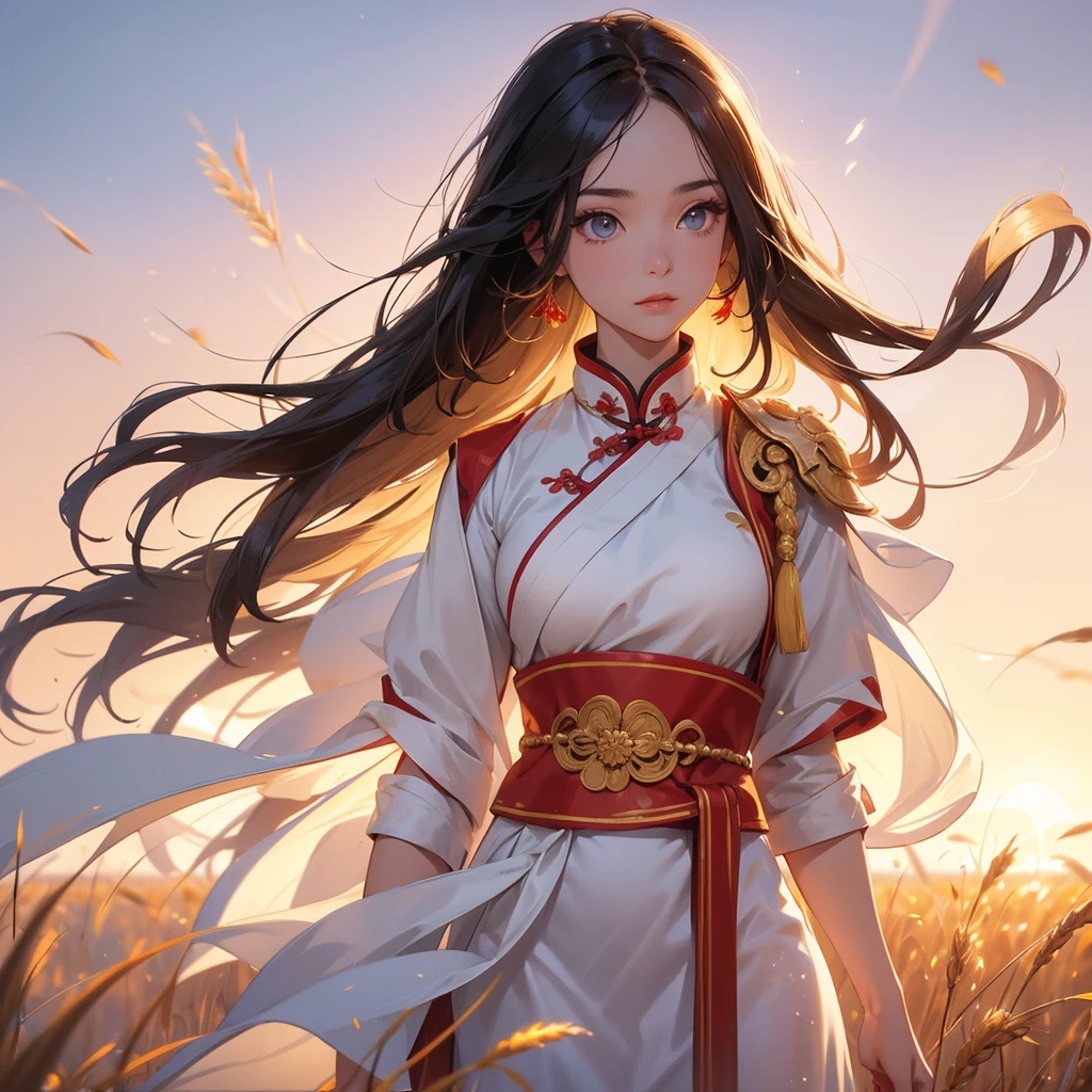 A beautiful female general holding a large spear in white ancient Chinese general costume, standing in the middle of a wheat field. sunset , close up.