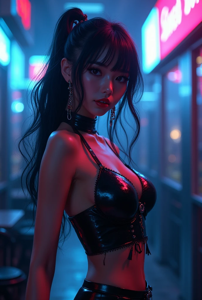 Sharp focus, macro with maximum detail, full shot (Masterpiece, Highest quality, best quality, official art, beautiful and beautiful:1.2) Sexy cute dancing girl, big boobs, very big boobs, seductive, charming, neon cyborg in a hybrid cyber cafe, and a beautiful smile with perfect teeth, blue light highlights hitting the surface, darkness, hell background. "Dirt" Incredible details, intricate details, low hyper-contrast details, soft cinematic lighting, HDR exposure by Rockwell., WLOP Ryniac, Craola, Disney, van Gogh Highly detailed, complex, complex poses, high quality, centered, perfect composition.