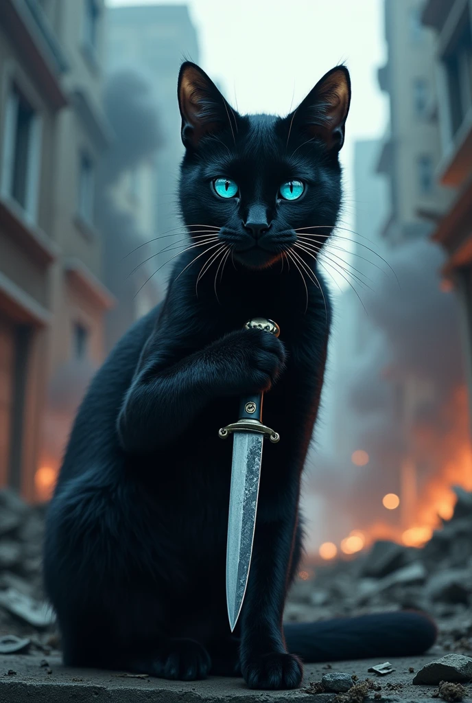 A black cat with blue eyes, holding a knife, the end of the world, in the city.