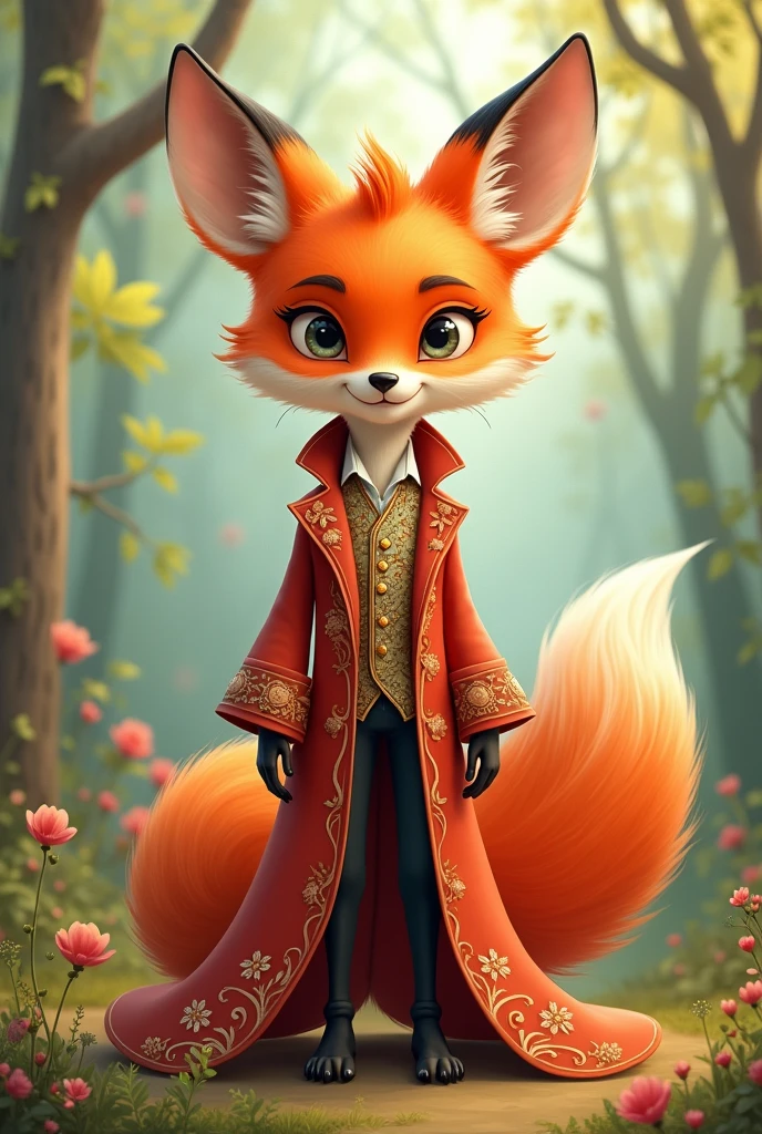 A beautiful and playful fox cartoon character dressed in gorgeous clothes