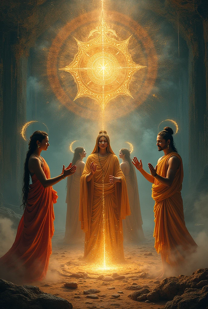 Scene: Symbolic images of the four aims of Hindu life - Dharma, Artha, Kama, Moksha.
