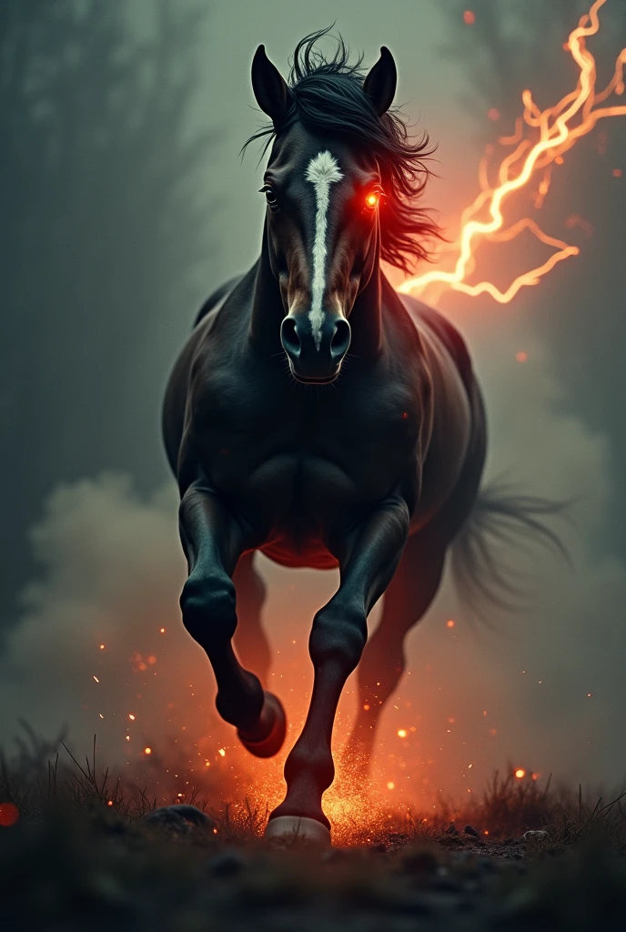 A horse with a sharp face, , They are running towards here.、Independent,Sharp eyes、Red light in left eye、Red light like thunder、