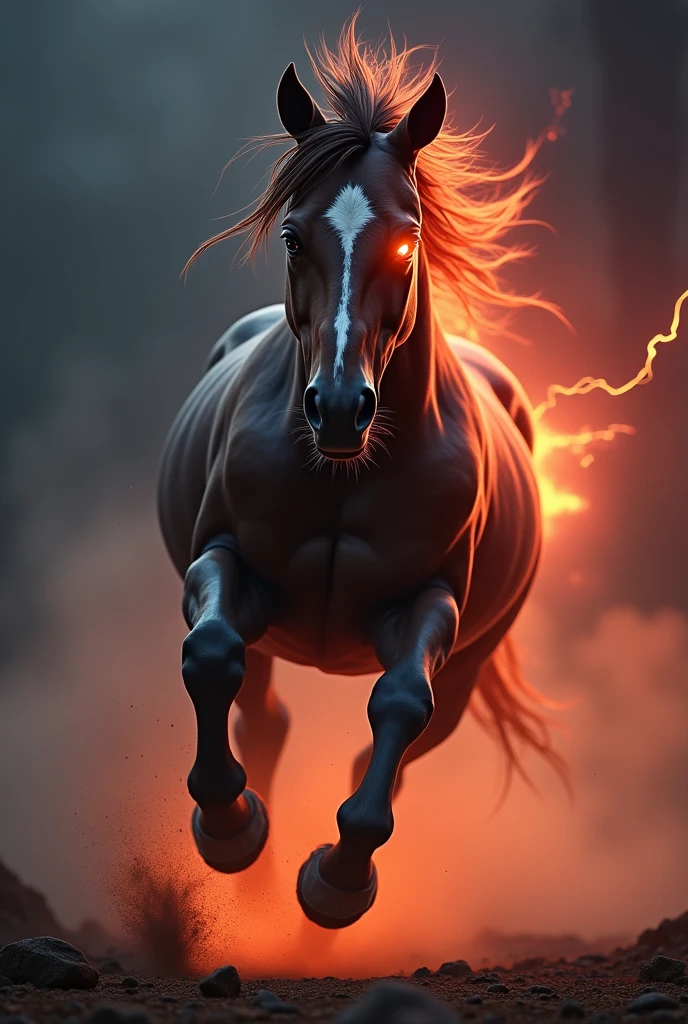 A horse with a sharp face, , They are running towards here.、Independent,Sharp eyes、Red light in left eye、Red light like thunder、