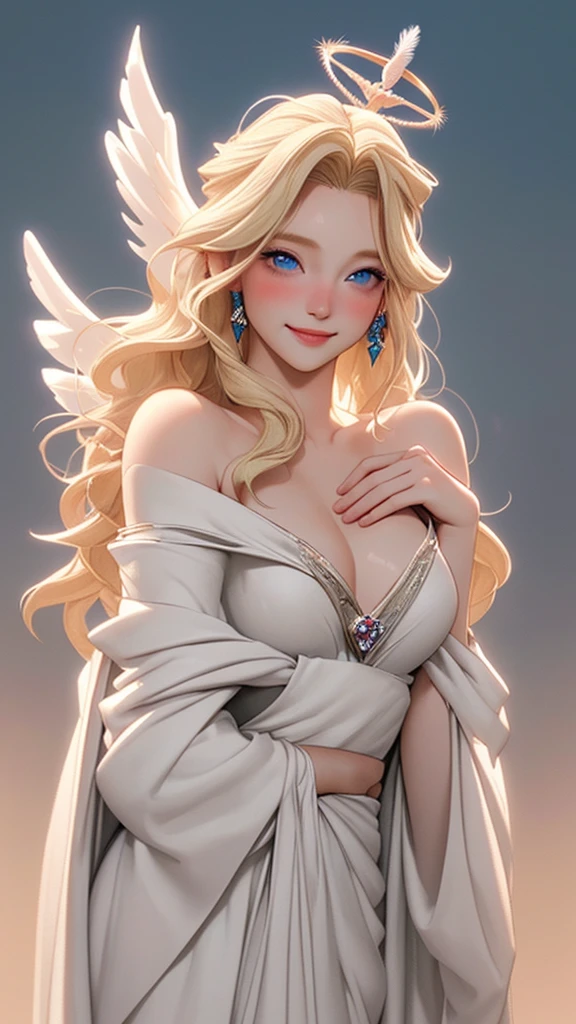 One person, solo, chest, blue eyes, Blonde long hair、Angel Halo, masterpiece, Highest quality, Anatomically correct, Goddess Long Dress。Red blush on cheeks、A large white feather grows from around the shoulder blade.、masterpiece, Angel Halo, Cinematic light effects, 3D Rendering, whole body、high resolution、The background is a temple.、smile、Portraiture