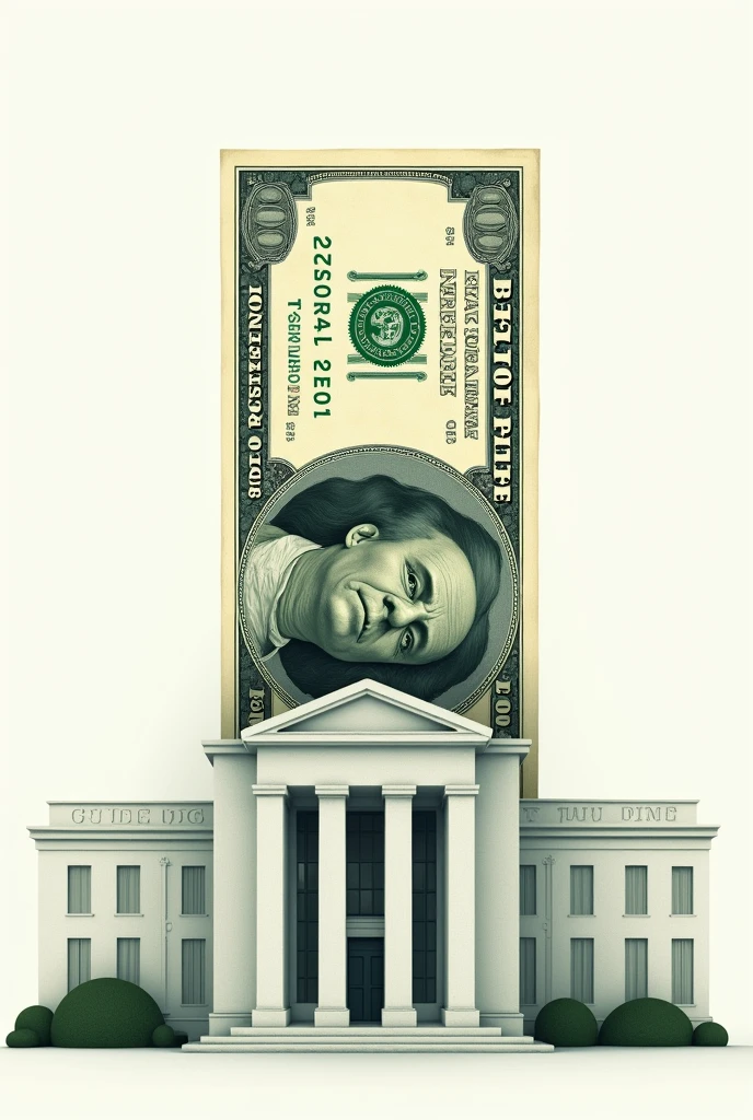 A fedral reserve bank with clear white background , from one side big half 100 dollar note is out and half of note is inside fedral reserve bank and the note is out from the top
From the back side and the half note which is in the bank is not visible. 