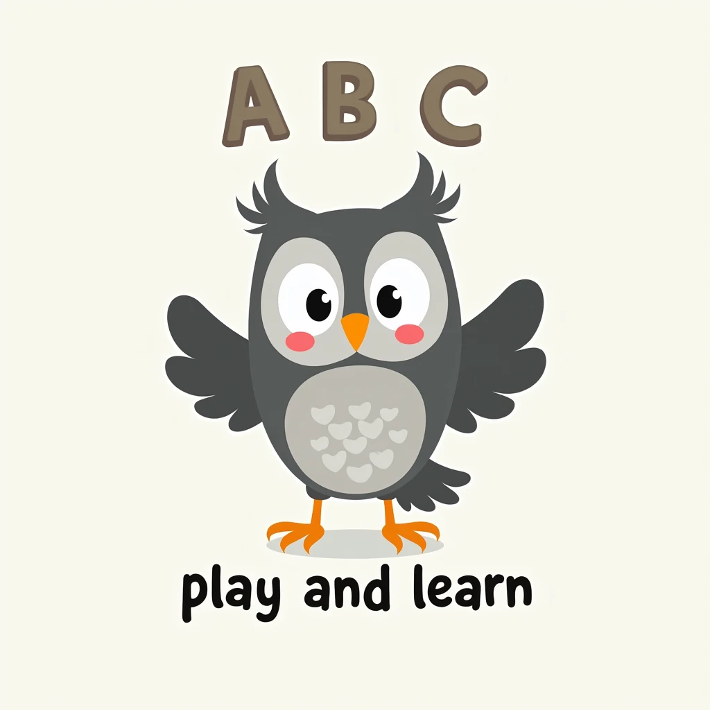 a cartoon gray professor owl in the middle, below is the words "ABC play and learn", designed for children
