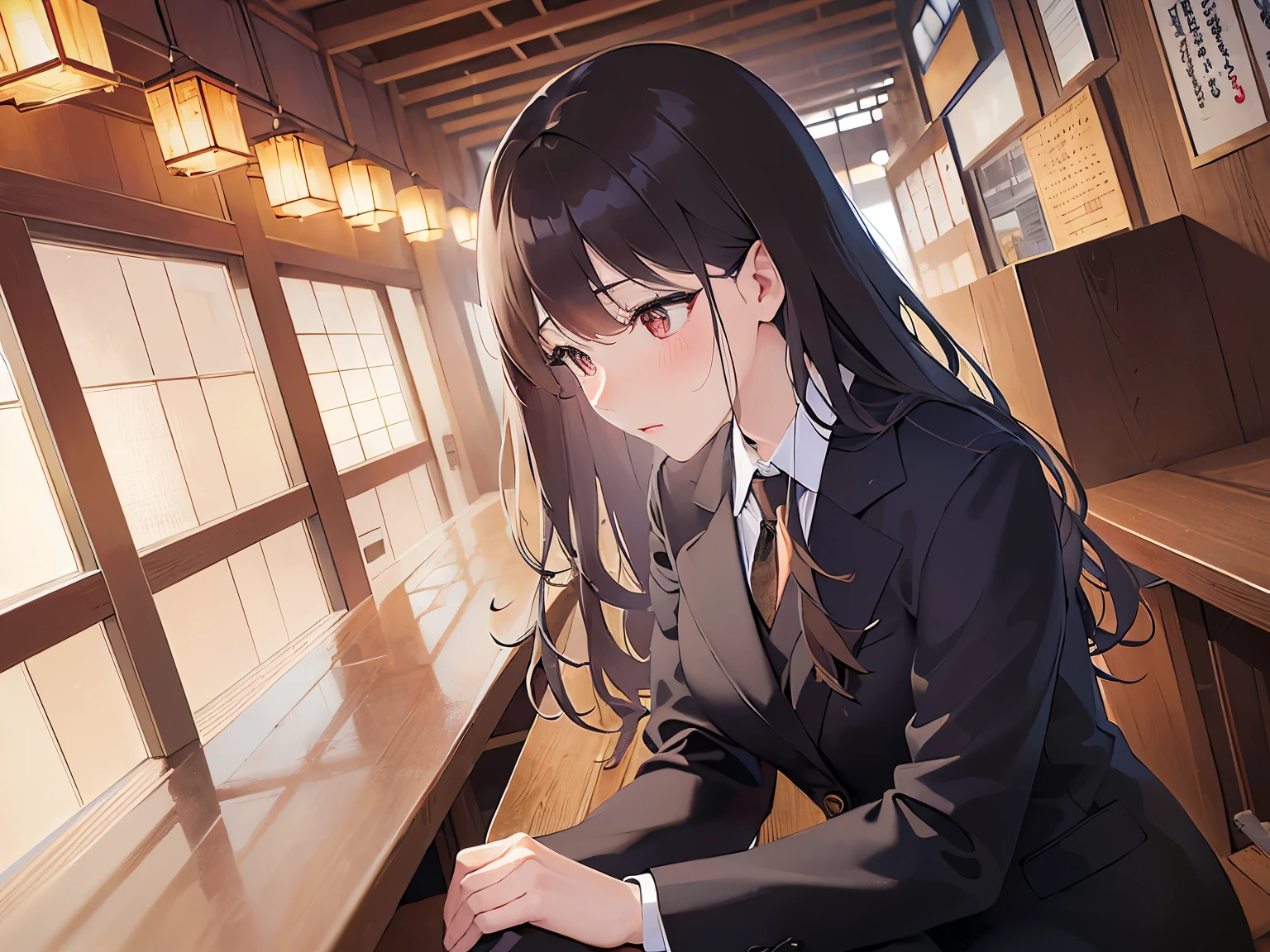 side angle,(looking away:1.5),Detailed CG,Ultra-fine illustrations,masterpiece,Highest quality,BREAK(business suit:1.5)BREAK,Realistic,Real person,RAW Photos,Realistic(Pale skin:1.2),Glowing Skin,Shiny Hair,(A 32-year-old woman with medium-length hair and bangs)and(Wavy Hair)and(Brown Hair)and(Orange eyes),(nose blush),The background is the interior of the izakaya,Alone