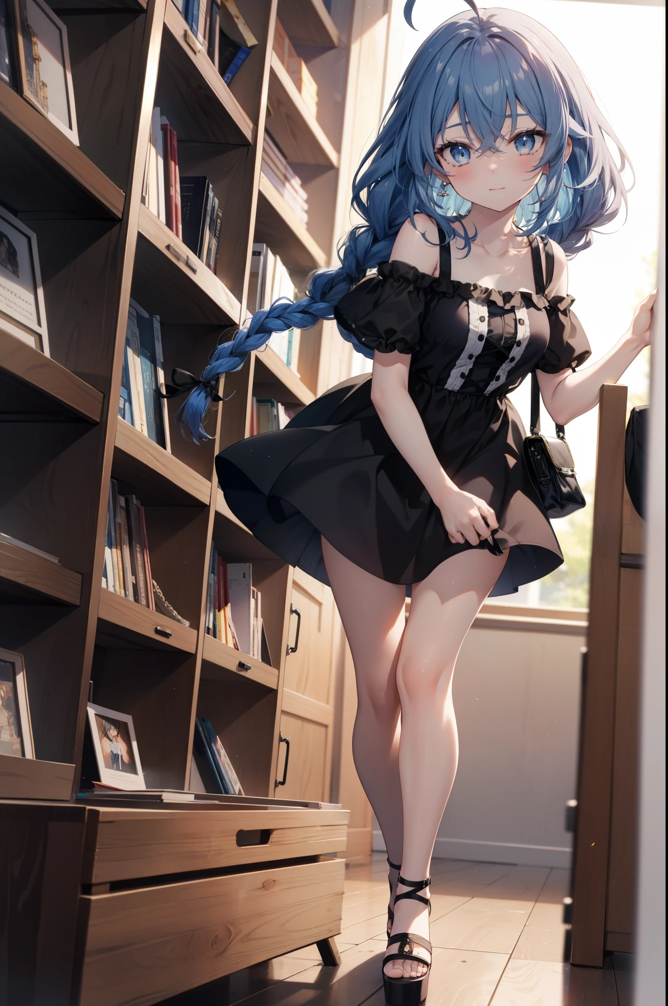 Roxymigurdia, Roxy, Ahoge, Black Ribbon, blue eyes, Blue Hair, Braiding, Hair between the eyes, Hair Ribbon, Long Hair, twin Braidings, very Long Hair, Blue one-shoulder sweater,mini skirt,black tights,short boots,Book with both arms　Holding a spell book,Grimoire,Are standing,Bookshelf,There is a spellbook on the table,whole bodyがイラストに入る,
break looking at viewer,whole body,
break indoors,figure書館,
break (masterpiece:1.2), Highest quality, High resolution, unity 8k wallpaper, (figure:0.8), (Beautiful attention to detail:1.6), Highly detailed face, Perfect lighting, Highly detailed CG, (Perfect hands, Perfect Anatomy),