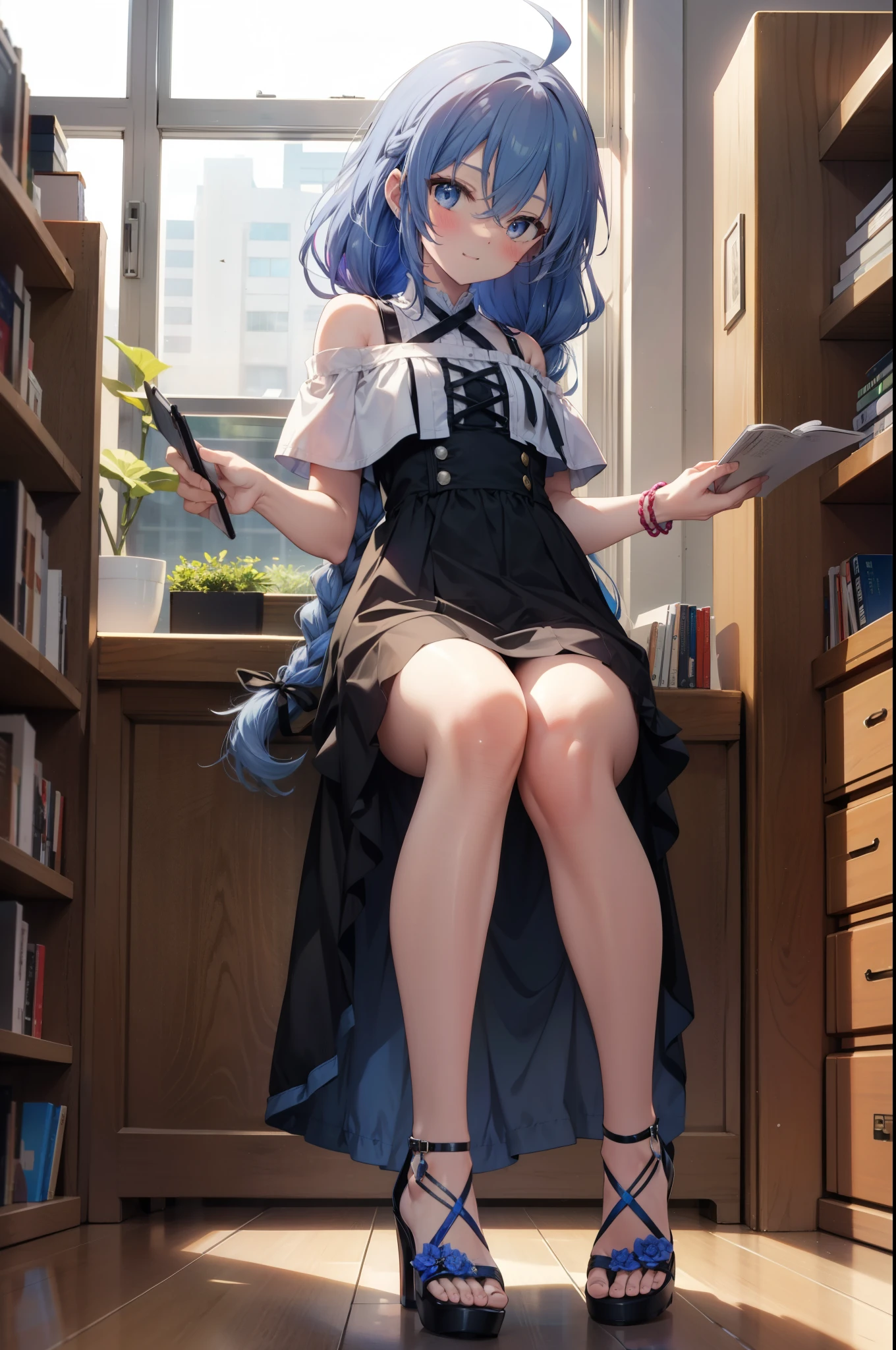 Roxymigurdia, Roxy, Ahoge, Black Ribbon, blue eyes, Blue Hair, Braiding, Hair between the eyes, Hair Ribbon, Long Hair, twin Braidings, very Long Hair, smile,blush,Open your mouth,Blue off-shoulder dress,Short sleeve,mini skirt,Cute heeled sandals,True Summer,Daytime,Clear skies,Walking,Bookshelf,whole bodyがイラストに入る,
break looking at viewer,whole body,
break indoors,figure書館,
break (masterpiece:1.2), Highest quality, High resolution, unity 8k wallpaper, (figure:0.8), (Beautiful attention to detail:1.6), Highly detailed face, Perfect lighting, Highly detailed CG, (Perfect hands, Perfect Anatomy),