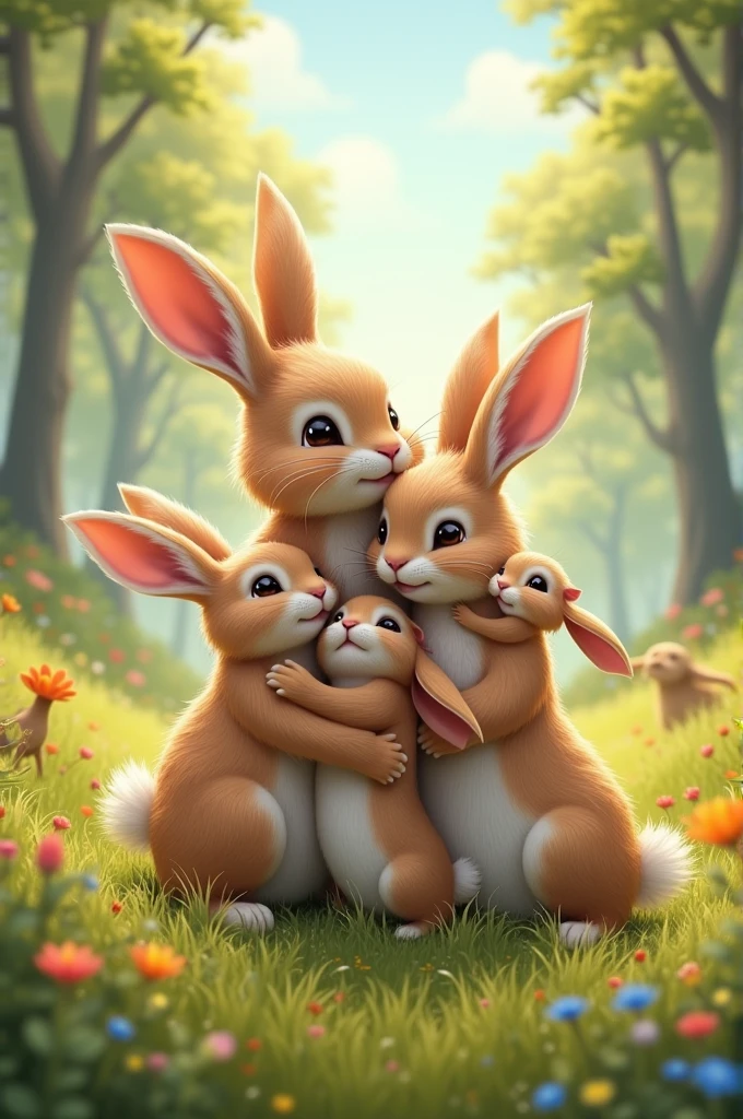The rabbit’s family appearing in a beautiful meadow, overjoyed to see their lost member.