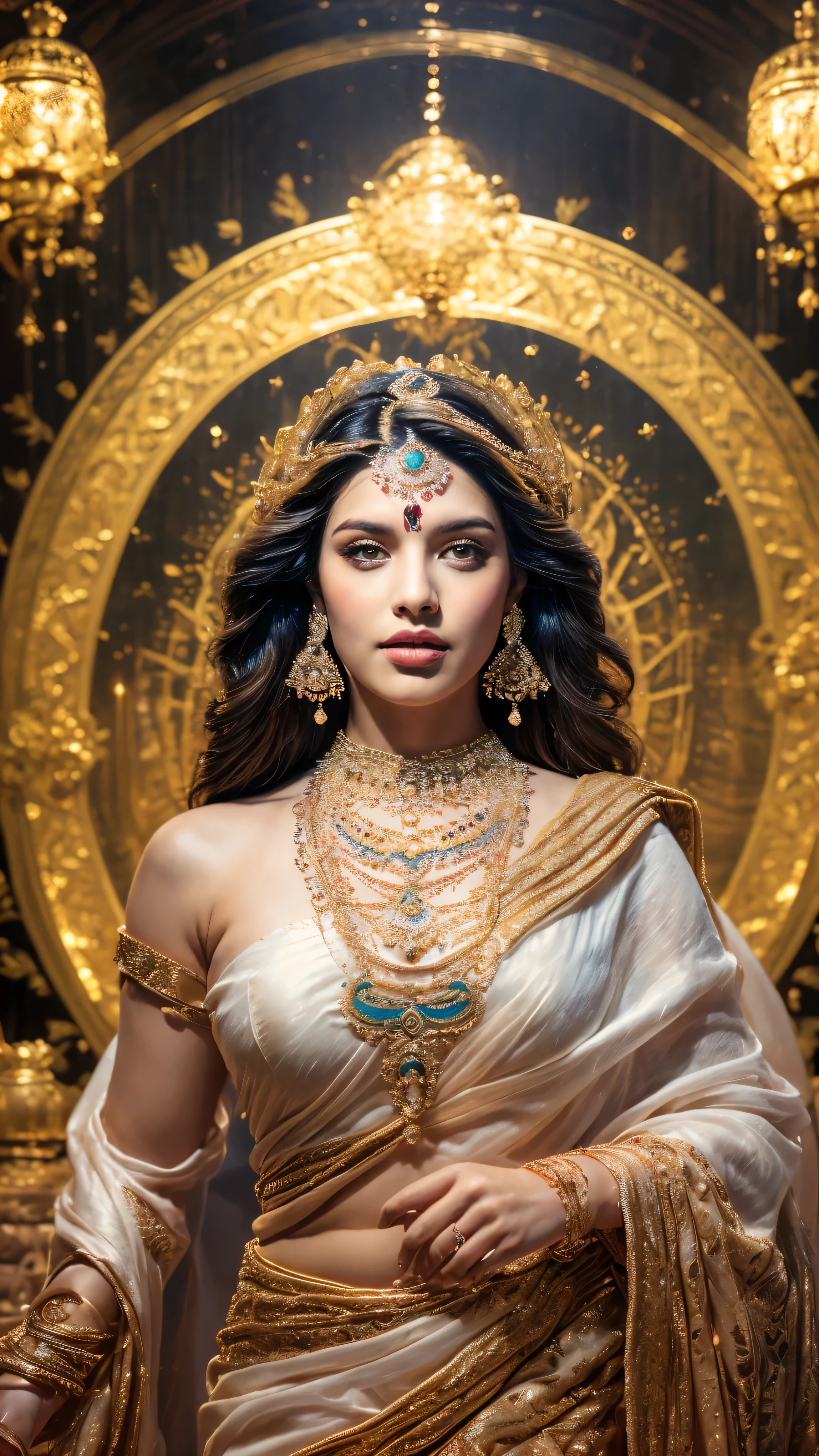 ((Best quality, 8k, Masterpiece :1.3)), Sharp focus :1.2, Generate a realistic image of a beautiful sexy Indian woman plus size body: 8.5 (magical enchanted dressed in a white Kasava saree, adorned with traditional ornaments, standing in a well-lit room with cinematic lighting. ((Front view, random elegant pose)), and there is a sense of grace and elegance in her posture. The background should complement the scene, enhancing the overall aesthetic appeal of the image. Photography by Brandon Woelfel, Full shot: Canon EF 16-35mm f/2.8L III USM lens on a Canon EOS 9D Mark IV camera, ultra realistic, 64k, HD