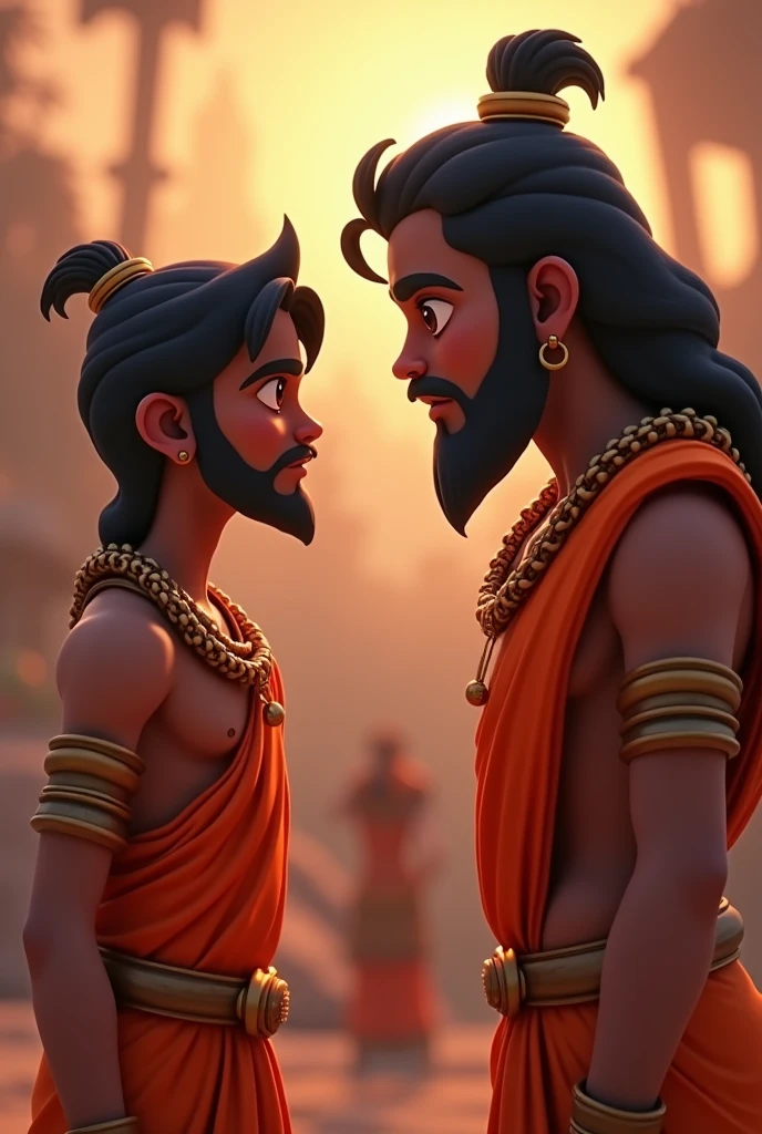In cenamatic 3d cartoon style "Arjuna listening intently, his expression shifting from despair to realization and enlightenment, reflecting the profound impact of Krishna's teachings on his heart and mind.