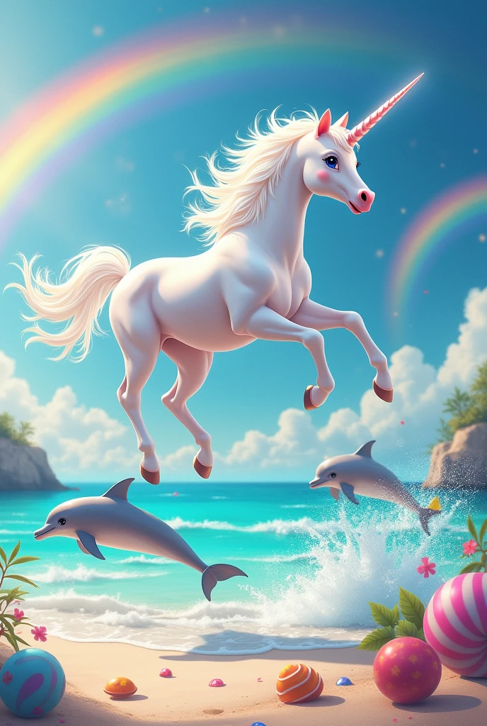 white unicorn flying over jumping dolphins on a beach with candy and rainbows 