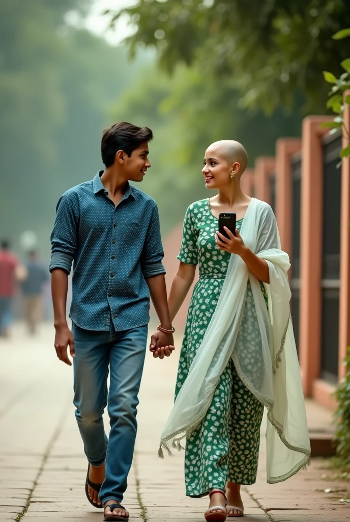 indian beautiful boy and 28 bald girl walking on beautiful sidewalk, looking each other , the girl is bald , shes hand your phone, she is littel down in your wast. boy wearing blue and white dots printd shirt and The girl wearing green and white printed colour dress, with white dupatta on girl shoulders. She is looking so Pretty, cute, indian simple look, she is enjoying, red lipstick, big chast, wotch. High quality 4k pictures, full Blaring background
Girl is bald head