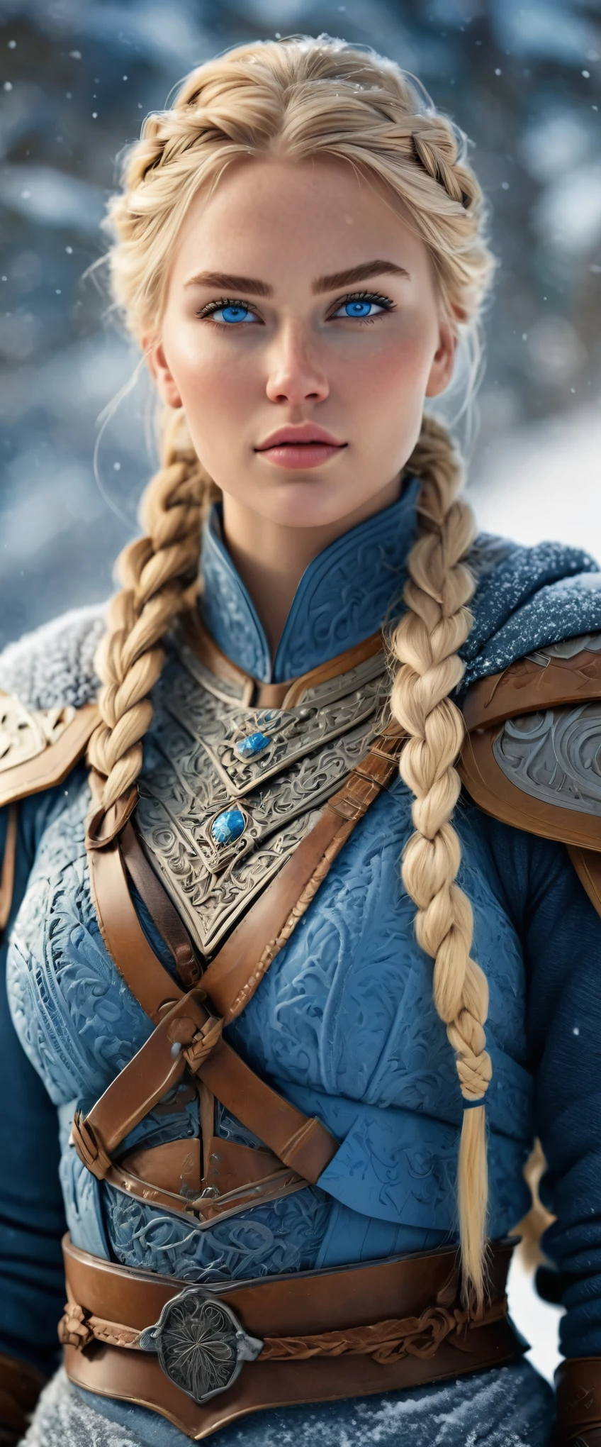 (realistic:1.2), analog photography style, Scandinavian warrior woman, wonderful snow scene, braided blonde hair, whole body, soft natural light, Cute and sexy, joy, detailed face and blue eyes, Excellent quality, masterpiece, detailed northern background, quality: 16K, RAW photo