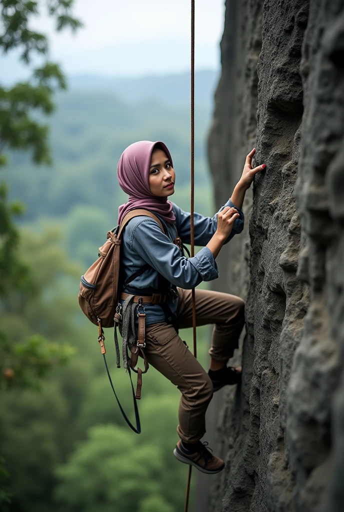 Photorealistic of an Indonesian hijab woman,Beautiful,wearing a long shirt and long cargo pants,do rock climbing holding on to a rope,complete with bag,and safety straps,shoe,full body,high steep cliff climbing position,beside mount merapi,with wall climber tool, natural scenery background and green trees, photo from the side,photo from above face focused on camera,original face super realistic ultra HDR extreme 8k wide viewing angle