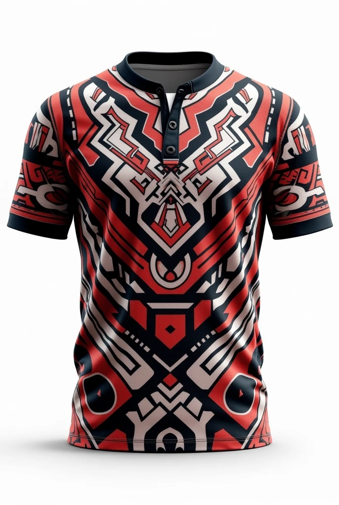 Create rugby jersey maori tribe full pattern black white red retro round neck collar white background