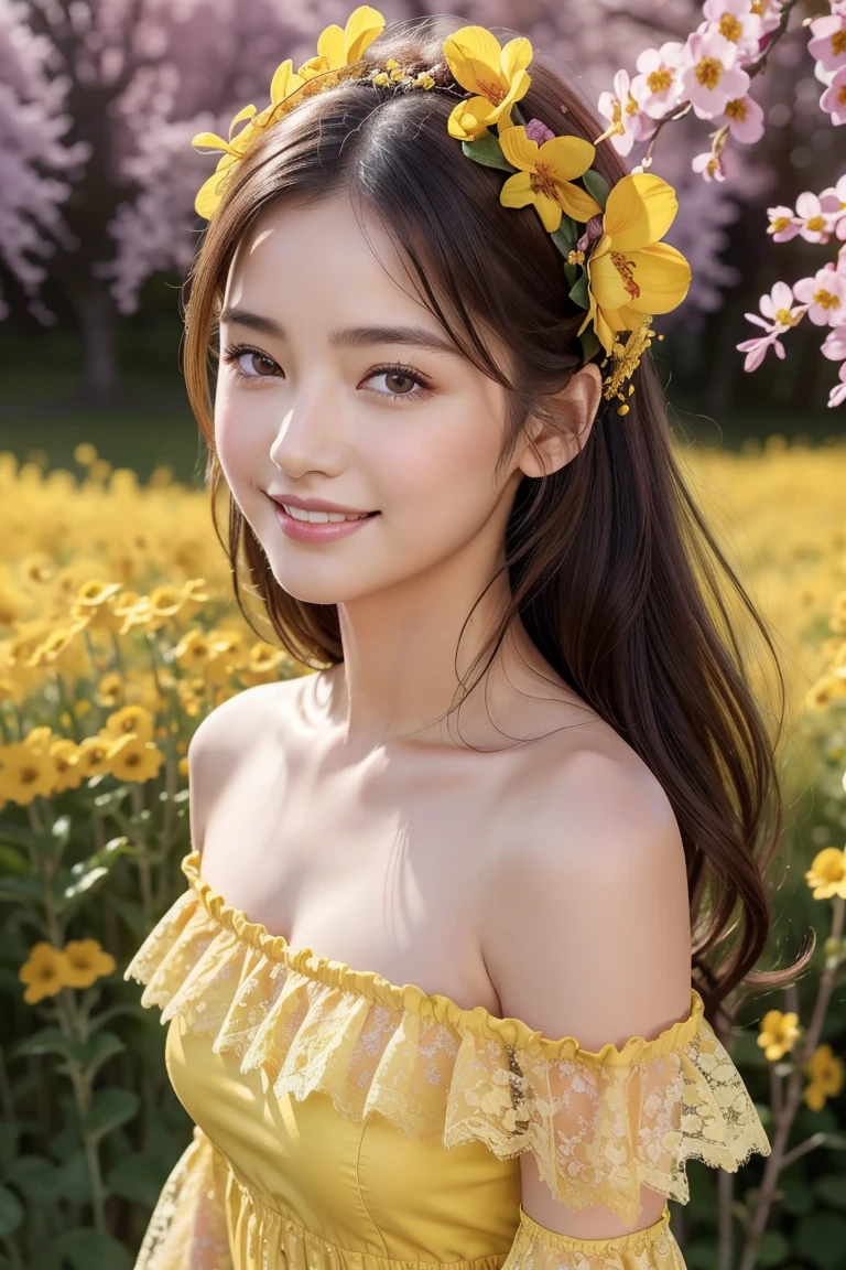 Highest quality, masterpiece, High resolution,A portrait drawn in meticulous detail、 (Realistic depiction, RAW Photos,）、 One person, Yellow lace dress, Off the shoulder, Flower Field, Glowing Skin,smile、Flower Hair Ornaments、Red plum tree、Flower storm