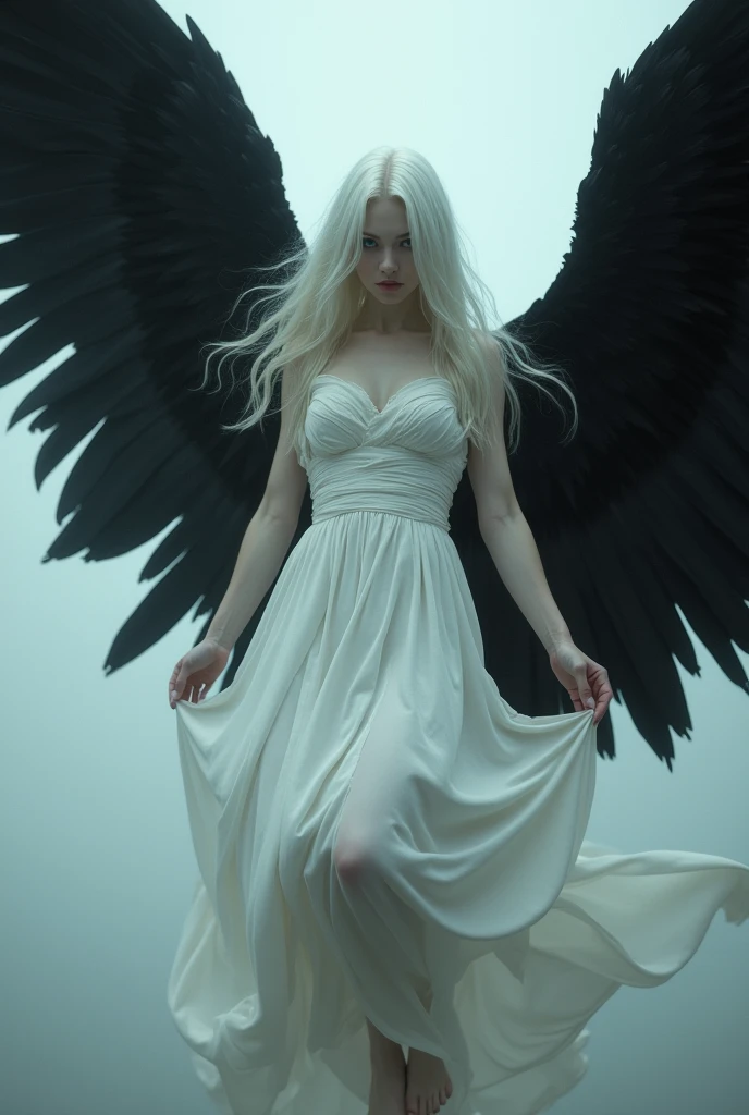 Create a transparent full-body angel resembling a ghostly apparition shrouded in darkness. Your eyes should be sad and hopeful. Your hair must be silver and very long. He must not have wings. Your skin should be pale and translucent. It must convey mystery and peace. Your most sophisticated skills must be used to bring this fascinating image to life.