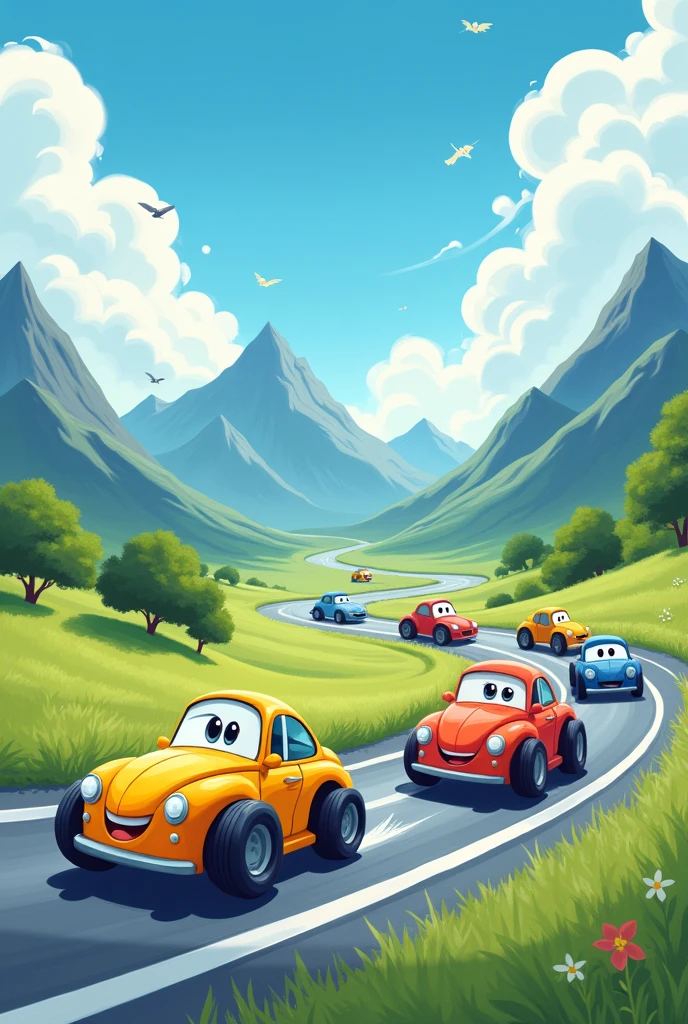 A sunny day with clouds in sky and little bit shown mountains and super cars moving on highway with children type drawing