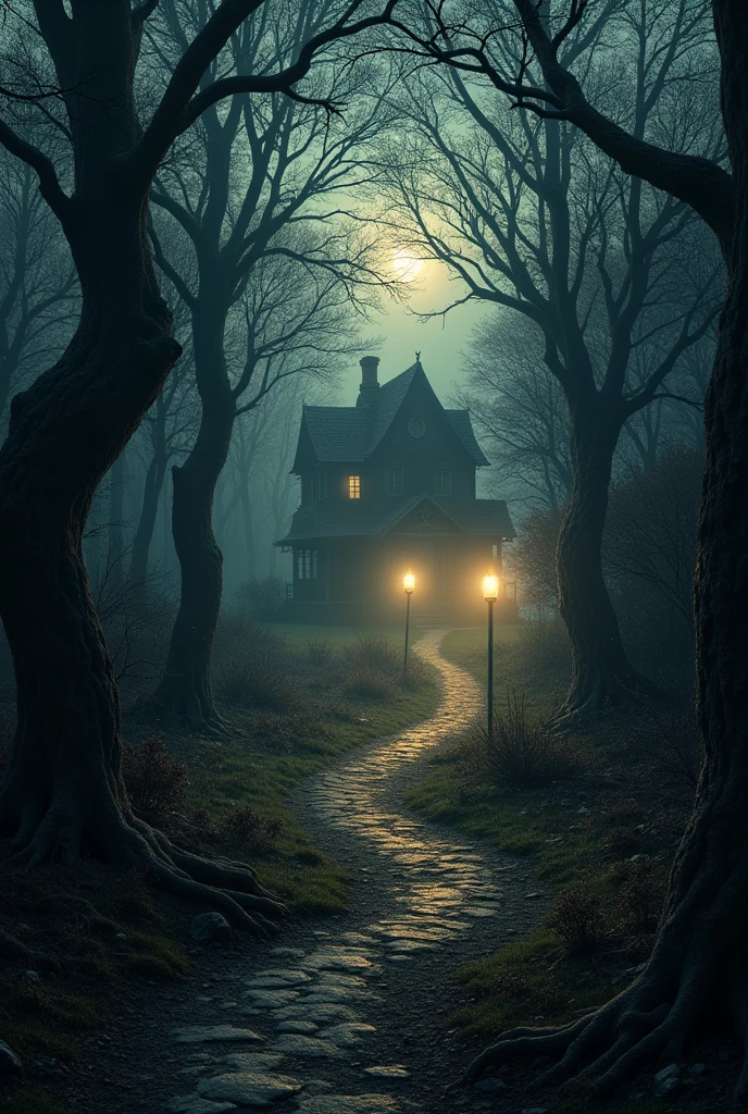 I want a path in the woods at dusk that has low lights and at the end there is an old house in dark fantasy style.