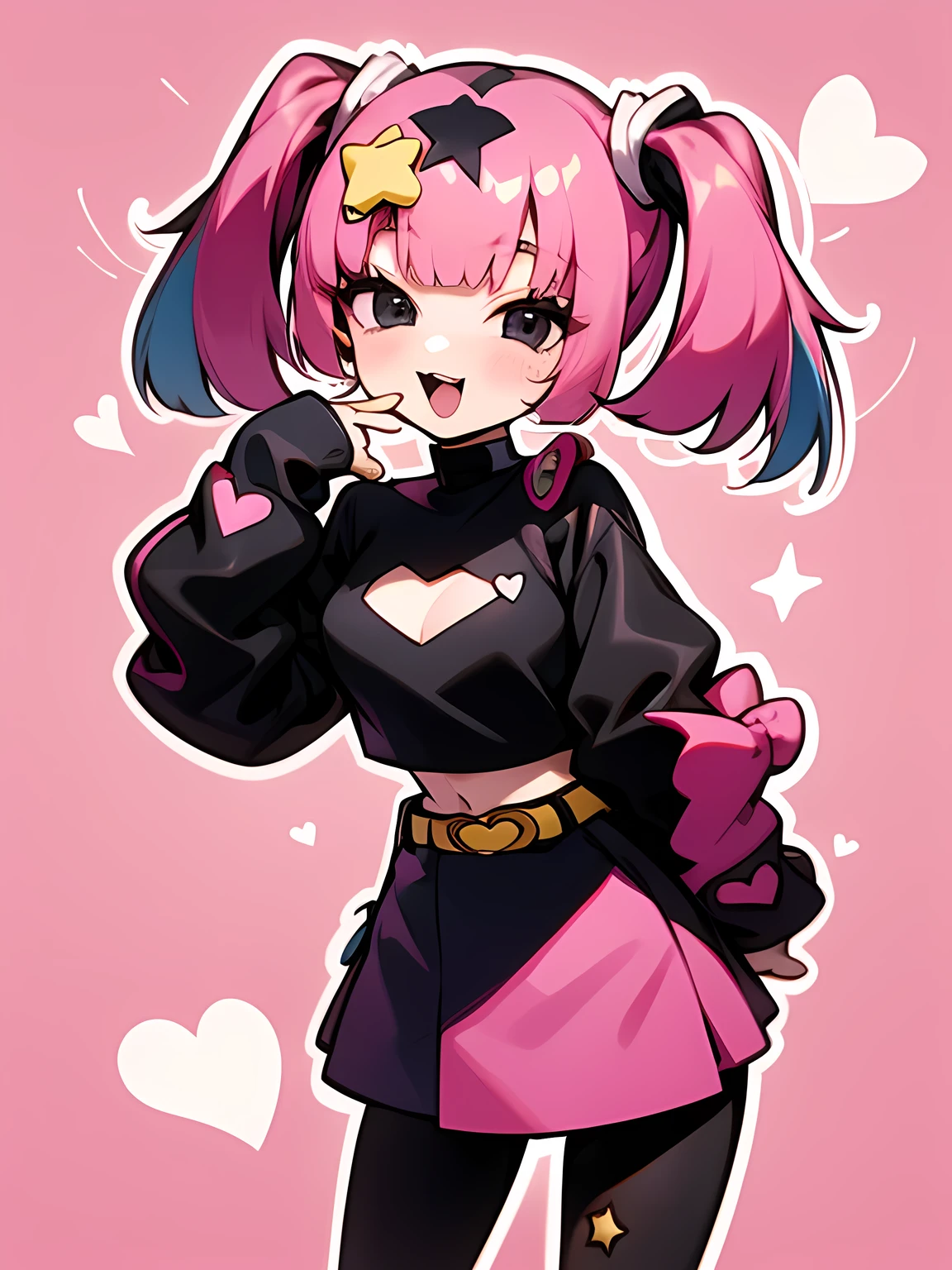 ((chibi)),multi face, heart, tooth, skirt, pink backgrounis, smile, black skirt, Sleeves are longer than the wrist, blush, View your viewers, Open your mouth, simple backgrounis, Sleeves are longer than your fingers, Crop top, hanis on hip, shirt, Long sleeve, pantyhose, belt, black shirt, Cowboy Shot, Clothing cutouts, miisriff, :is, overview, siiselocks, miniskirt, :3, skin tooth, Grey Eyes, white overview, bare shoulisers,  Long Hair, multicoloreis hair, Shiny, meisium hair,Blood,Captivating breasts、(I am a star)、(Harajuku fashion)