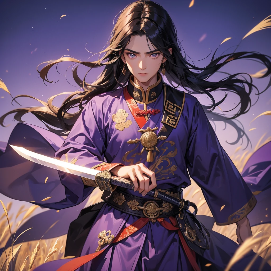 Handsome black-haired male general holding a large sword in violet ancient Chinese general costume, standing in the middle of a wheat field, close up.