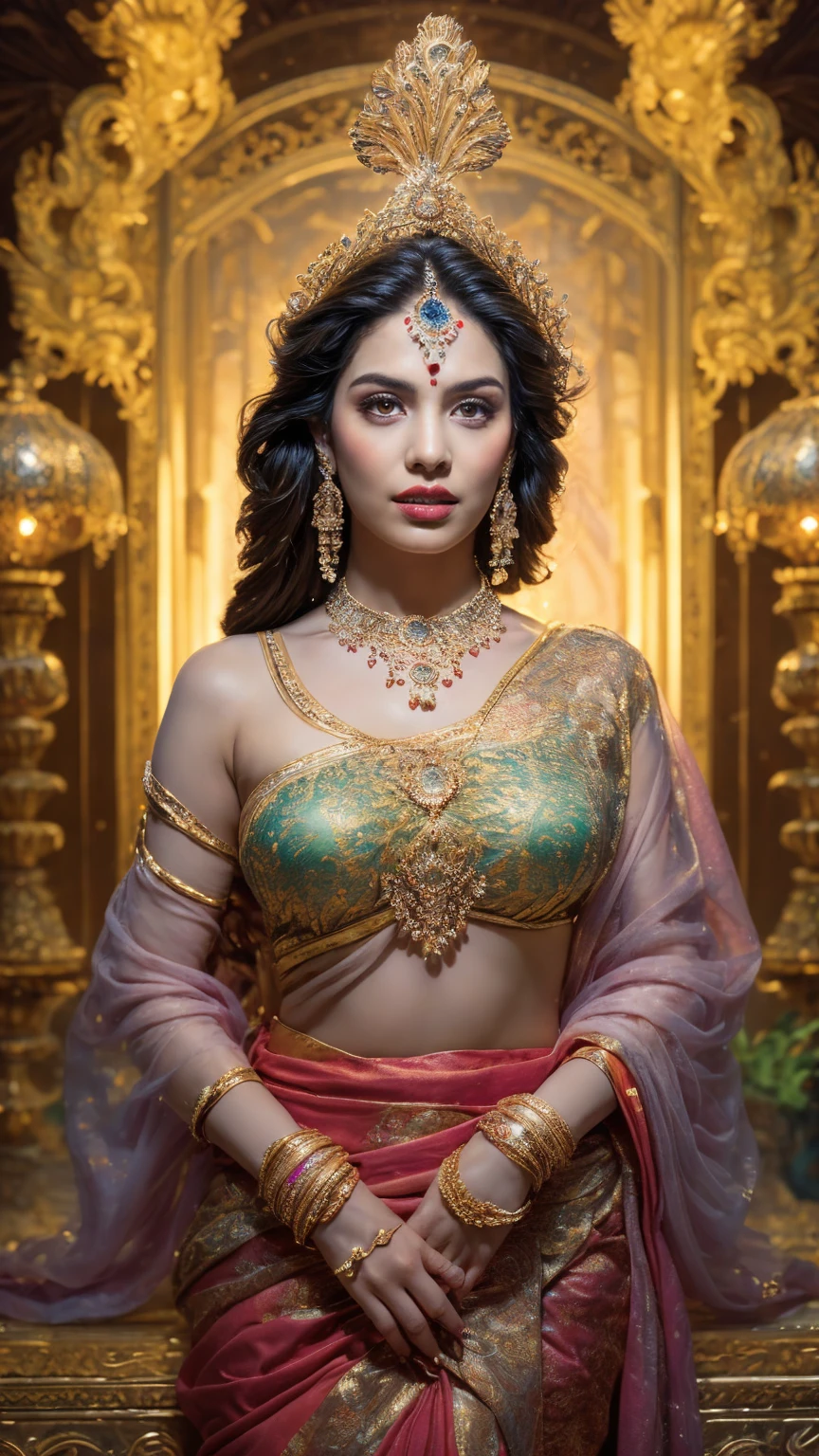 ((Best quality, 8k, Masterpiece :1.3)), Sharp focus :1.2, Generate a realistic image of a beautiful sexy Indian woman plus size body: 8.5 dressed in a white Kasava saree, adorned with traditional ornaments, standing in a well-lit room with cinematic lighting. ((Front view, random elegant pose)), and there is a sense of grace and elegance in her posture. The background should complement the scene, enhancing the overall aesthetic appeal of the image. Photography by Brandon Woelfel, Full shot: Canon EF 16-35mm f/2.8L III USM lens on a Canon EOS 9D Mark IV camera, ultra realistic, 64k, HD