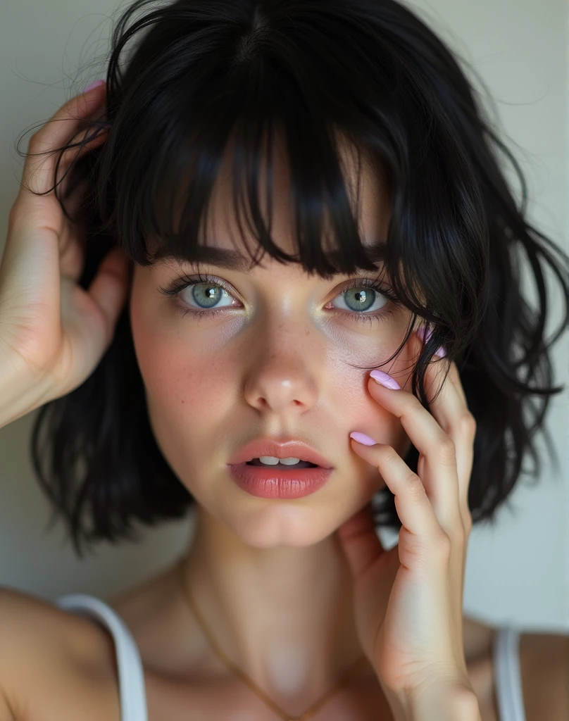 RAW photo, best quality, masterpiece, photorealistic, Polish girl, 20 years old, black hair, Light grey eyes, short bob cut, hair in 7 thirds, hair over one ear, Symmetrical eyes, solo, White skin, Detailed Skin, Detailed face, Big Breasts, rip gloss, blush, wet hair, close-up of face, summer clothes, gel nails, Her face is shocked, she touches the top of her head with both hands.