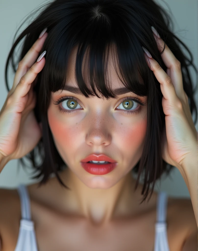 RAW photo, best quality, masterpiece, photorealistic, Polish girl, 20 years old, black hair, Light grey eyes, short bob cut, hair in 7 thirds, hair over one ear, Symmetrical eyes, solo, White skin, Detailed Skin, Detailed face, Big Breasts, rip gloss, blush, wet hair, close-up of face, summer clothes, gel nails, Her face is shocked, she touches the top of her head with both hands.