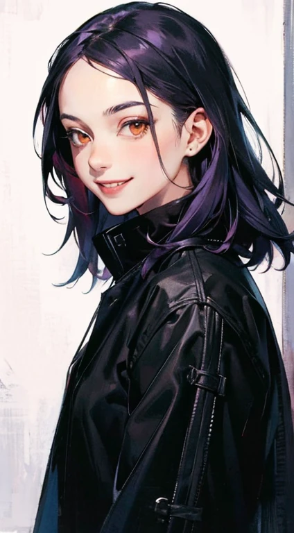 ((style of ___)), 1girl, portrait, purple hair, orange eyes, medium hair, black coat, grin, best quality, masterpiece