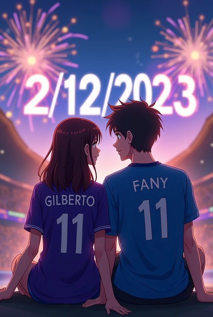 High quality photography, of a couple in love, Both are 1, ,They are sitting with their backs turned in the night, The girl on his back has the name Gilberto and the number 11 underneath on her purple soccer jersey, The boy on his back has the name Fany with the number 11 under his blue soccer shirt, In the background with fireworks is the date 2/12/2023 and the date is perfectly visible Anime drawings 