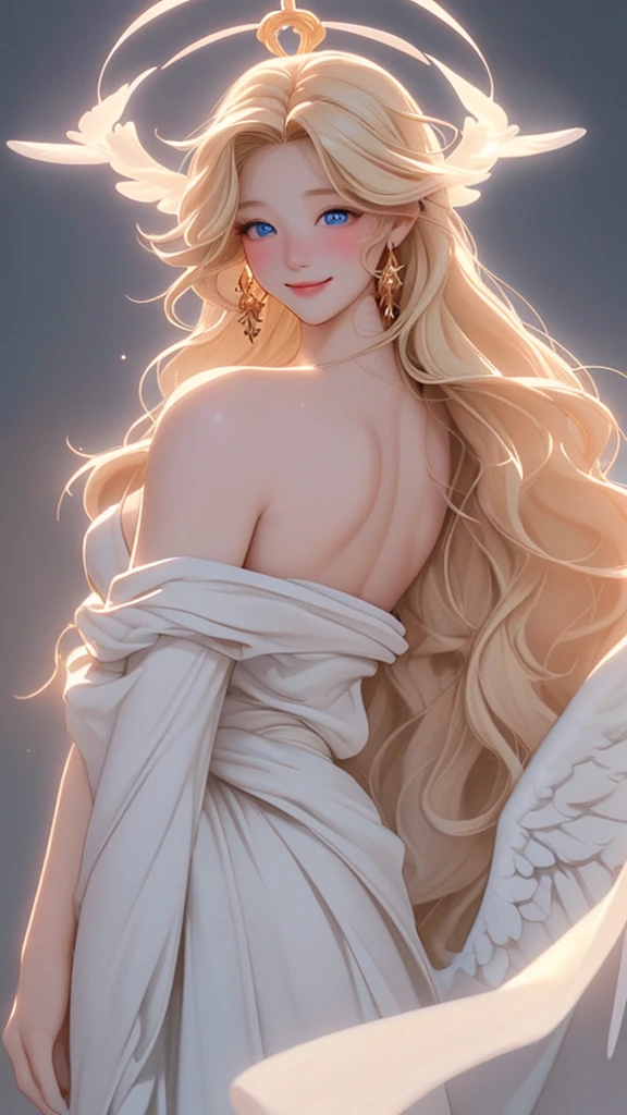 One person, solo, chest, blue eyes, Blonde long hair、Angel Halo, masterpiece, Highest quality, Anatomically correct, Goddess Long Dress。Red blush on cheeks、A large white feather grows from around the shoulder blade.、masterpiece, Angel Halo, Cinematic light effects, 3D Rendering, whole body、high resolution、The background is a temple.、smile、Portraiture、Side shot with eyes looking to the side