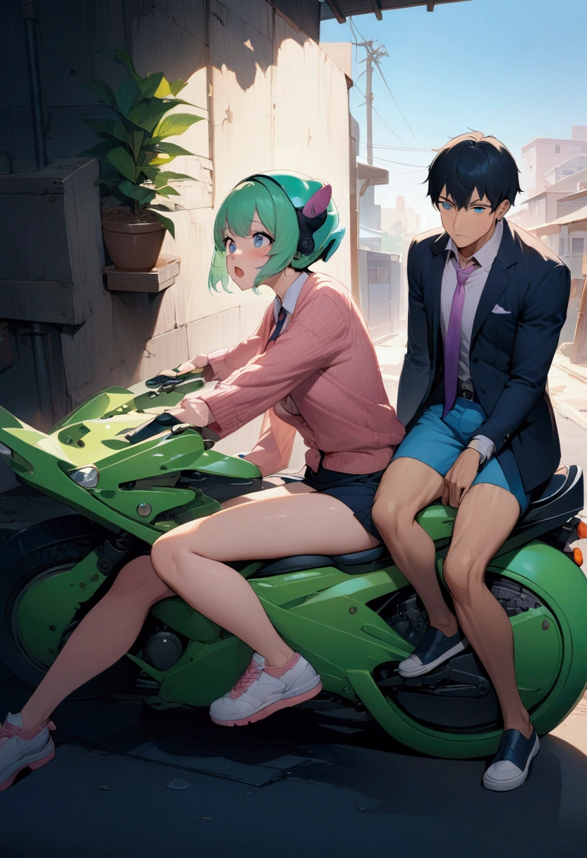 realistic anime illustration of man and young woman are riding a lime-green motorcycle along the alley, man with helmet sitting front, woman sitting behind, BREAK, man wears yellow shirt, orange vest, blue trouser, white sneakers, BREAK, woman wears navy-blue blazer, pink shirt with navy-blue necktie, navy-blue pencil skirt, black short heels, BREAK, (1girl, 1boy, full body), (masterpiece, best quality, japanese anime style), (expressive eyes, perfect face, perfect anatomy)