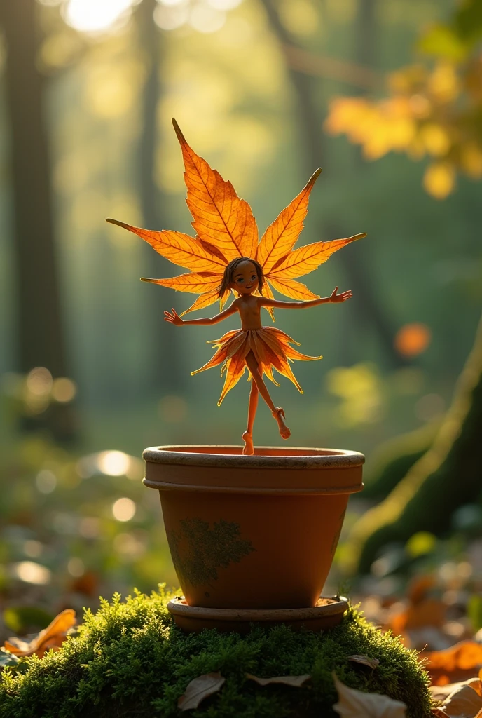 A whimsical miniature figure composed of delicately arranged autumn leaves, poised in a carefree dance on the rim of a weathered, moss-covered terracotta pot, set against a lush, vibrant forest backdrop, where dappled sunlight filters through the canopy above, casting intricate shadows. The overall aesthetic is ethereal, with warm, earthy tones of sienna, umber, and olive green, infused with hints of emerald and golden light, evoking a sense of wonder and enchantment, as if plucked from a fantastical realm.