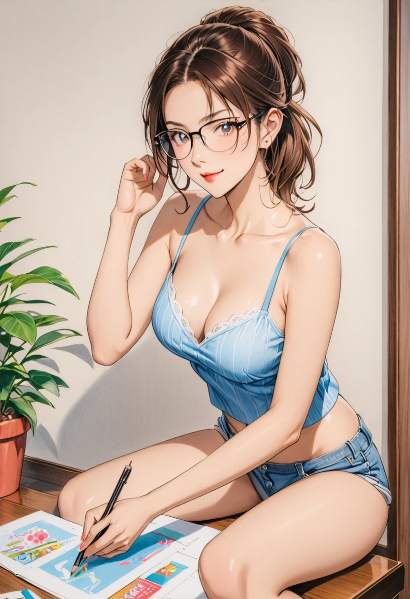 woman,Short camisole,white,art,advertisement,Colored pencil drawing,draft 、Glasses、