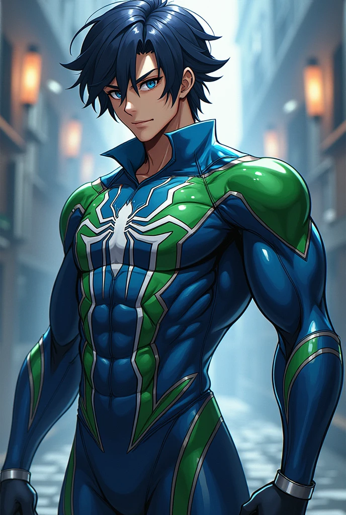 Genshin Impact Heizou wearing a Spider-Man suit variant based on the colors of his own outfit and has only his hair exposed