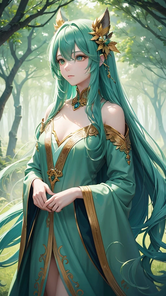 "Create a digital anime-style illustration of a handsome forest spirit or nature god with long, flowing teal hair. He should wear a detailed green outfit adorned with leaf and floral patterns, fitting a fantasy theme. The design should have less skin exposure, particularly around the chest and shoulders, using additional fabric or natural elements like leaves or vines for coverage. The character should have a graceful and mature appearance, looking around 21, with expressive eyes and a serene expression. The background should feature a lush, mystical forest with soft lighting and glowing flora, enhancing the ethereal atmosphere."