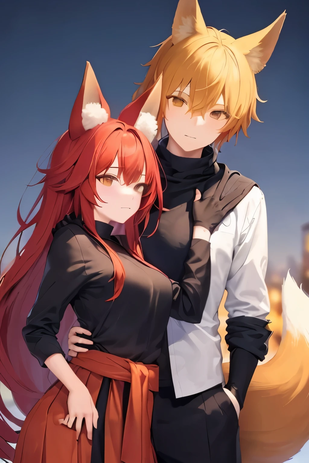 ((best qualityer)), ((work of art)), (detailded), 1 g One with long red hair, with fox ears and a fox tail with black and red clothes and a skirt with a guy with orange hair, fox ears and fox tail with brown cold weather clothes a blouse at the waist, There are 2 people in the same photo