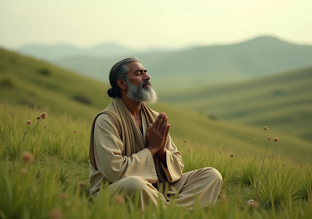 Indian man Prayering Grasslands