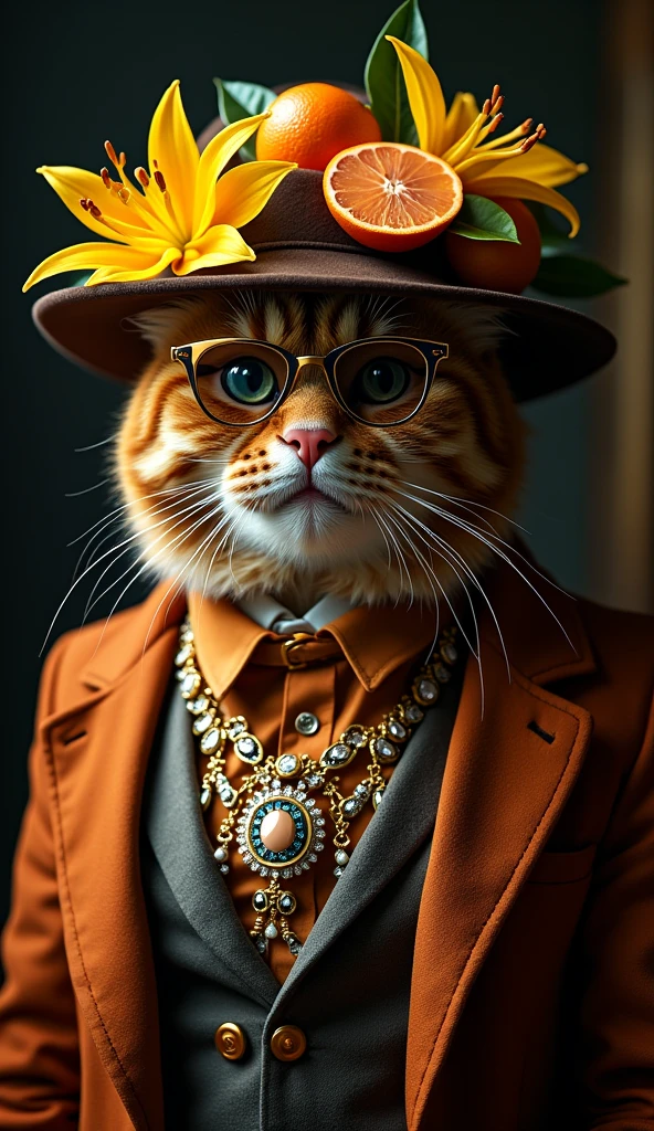 highend portrait of a cool ginger cat, high fashion Style with crazy glasses and stylish clothes and luxury necklace of jeweleries, hat consisting of lilies, oranges and lemons, color: dark green and gold, background: dark and luxury, hyper detailled, stil: raw, cinematic light, canon, expressive and original, canon, 50 mm lens, editorial, look: expensive, mood: motivated and good vibes