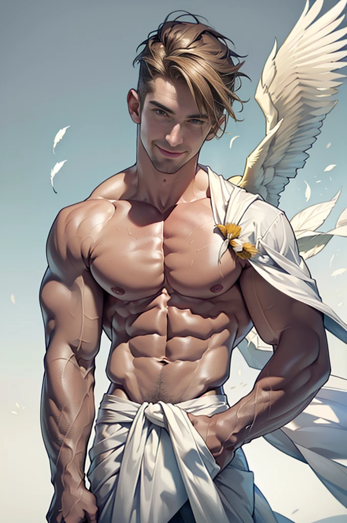 Clear background、A handsome tall man standing,He is 2,Thin waist,The pectoral muscles are well developed, He is 175cm tall,Weight 62 kg、yellow-green eyes、brown hair color、short hair、Topless、underwear、looking into camera,Smile,Lots of falling feathers,Covered in transparent white sheets,Kneeling on the bed,pillow fight,holding pillow in hand,White feathers are floating everywhere,