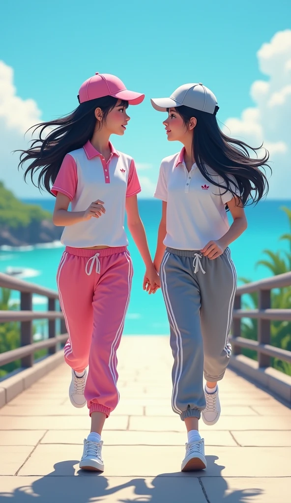 Two girls long black hairs, yuri
The first girl wear a white adidas polo shirt pink shirt collar pink sleeves, pink cap, pink adidas sweatpants with three white stripes, black underpants, medium white socks, white sneakers.
The second girl wore a white adidas polo shirt grey shirt collar grey sleeves, grey cap, grey adidas sweatpants with three white stripes, black underpants, medium white socks, white sneakers.
The hem of their adidas polo shirts was tucked into their sweatpants.
Running on the wide bridge, ocean, blue sky, novel cartoon, 4K, HD