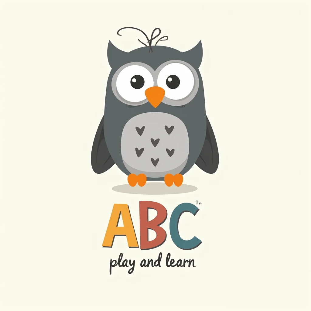 a cartoon gray professor owl in the middle, below is the words "ABC play and learn", designed for children