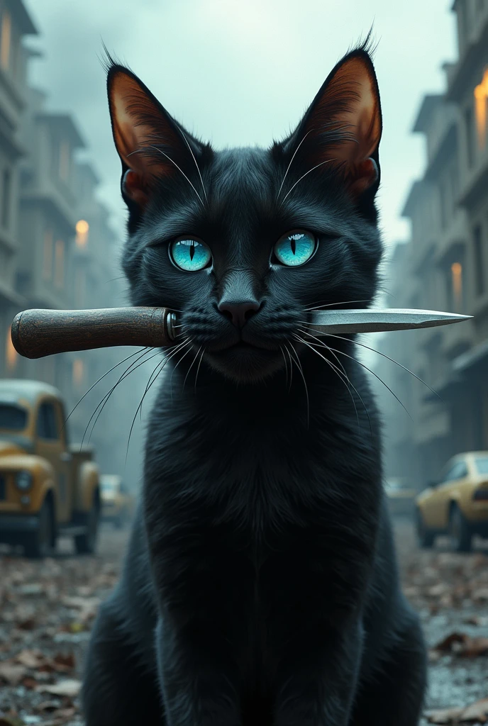 A black cat with blue eyes, a knife in its mouth, the end of the world in the city