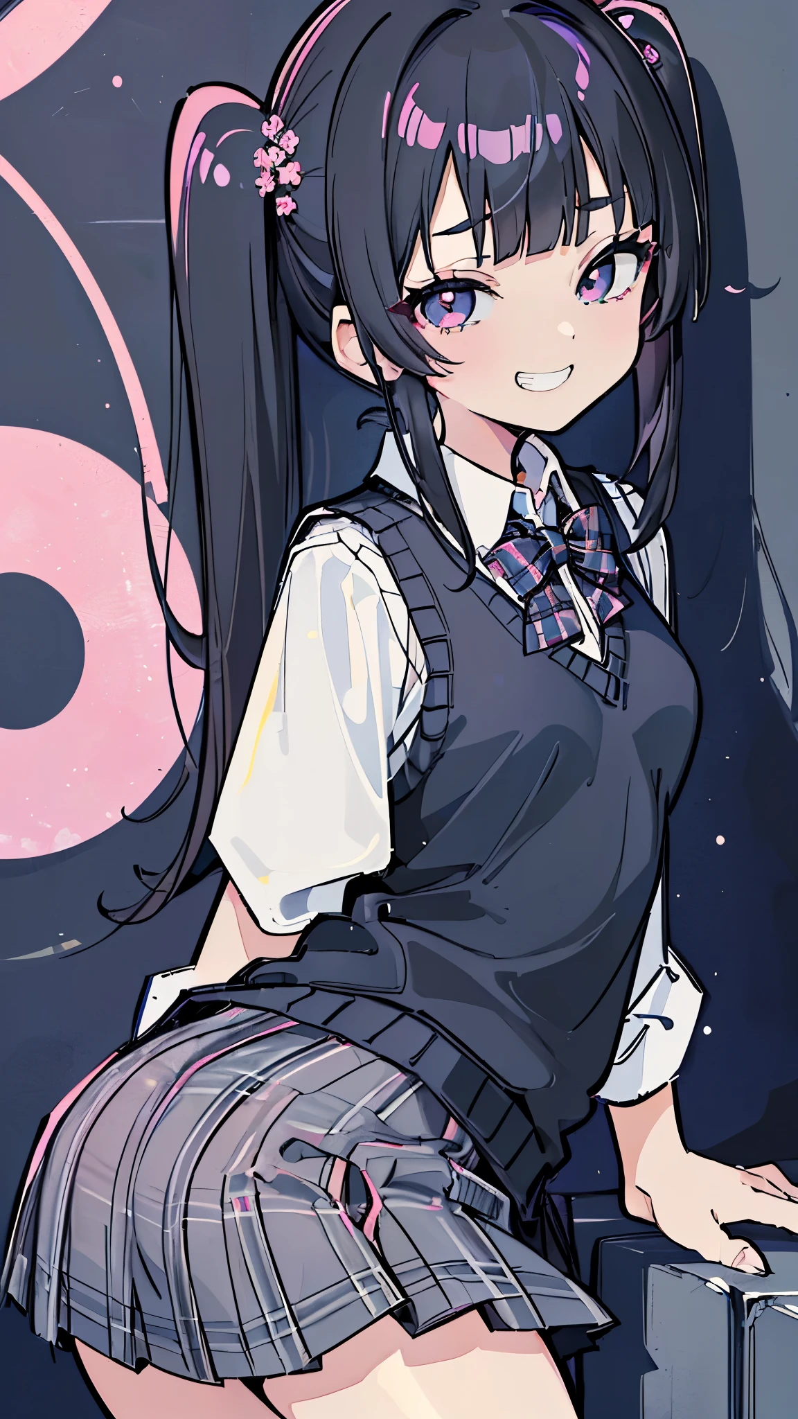 ((masterpiece、Highest quality、Very detailed))、One person、Black Hair、Black Hair、twintails、blunt bangs、Grey Eyes、evil smile、((Grin))、((Small breasts))、((White collared shirt))、((lightblue sweater vest))、((black plaid skirt))、((pink stripe panties))、Cowboy Shot、((bent over))、((Turning your butt off))、((Pretend))、((Shoot from behind))、Classroom Background