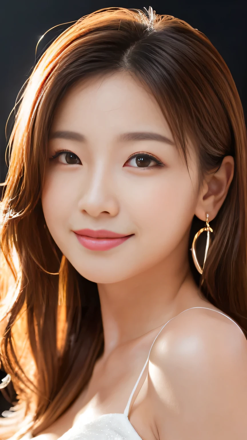 (Highest quality, Flying debris, Realistic photos, Very detailed, Ultra-high resolution, to be born:1.3), (1 female, Beautiful Japanese actresses, 2), (A shy smile), Detailed face,Flashy makeup using red eyeshadow,Large ring earrings,Light blonde delicate medium cut hair,The tips of the hair are wavy,Elegant hairstyle,Beautiful Eyes, Slender actress,Small breasts, (mini skirt dress), ( From beh de d), A glimpse of white panties,